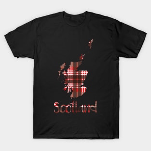 Scotland Red, Black and White Tartan Map Typography Design T-Shirt